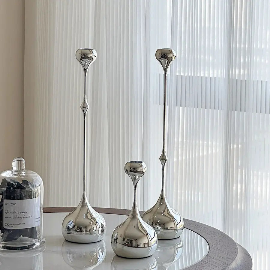 Portavelas plateado, candelabro de Metal, decoración de mesa de arte romántico para comedor en casa, accesorios de fotografía de boda