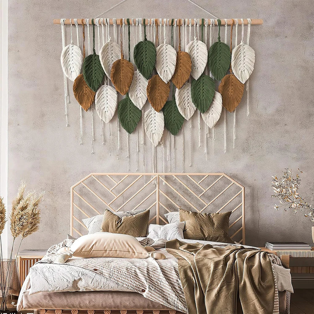 Tapiz tejido bohemio colgante de pared de macramé grande, decoración elegante para el hogar, decoraciones artísticas de pared de plumas de hojas hechas a mano bohemias modernas