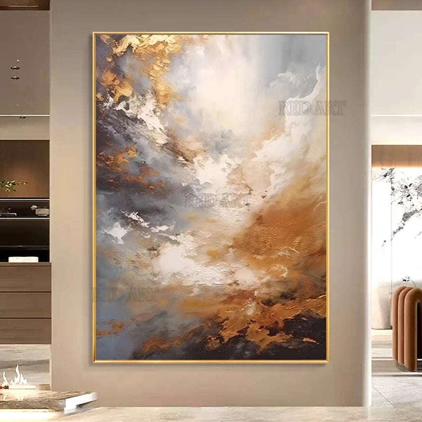 Imagen abstracta pintada a mano contemporánea de gran tamaño, pinturas al óleo de lámina dorada sobre lienzo, decoración del hogar para dormitorio sin marco