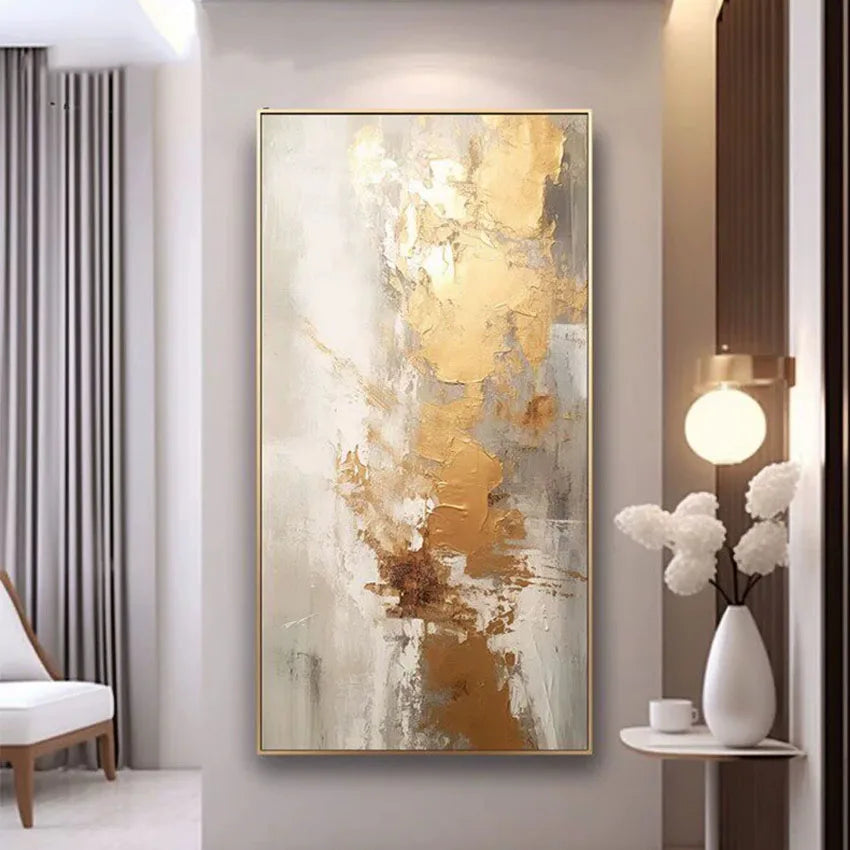 Imagen abstracta pintada a mano contemporánea de gran tamaño, pinturas al óleo de lámina dorada sobre lienzo, decoración del hogar para dormitorio sin marco