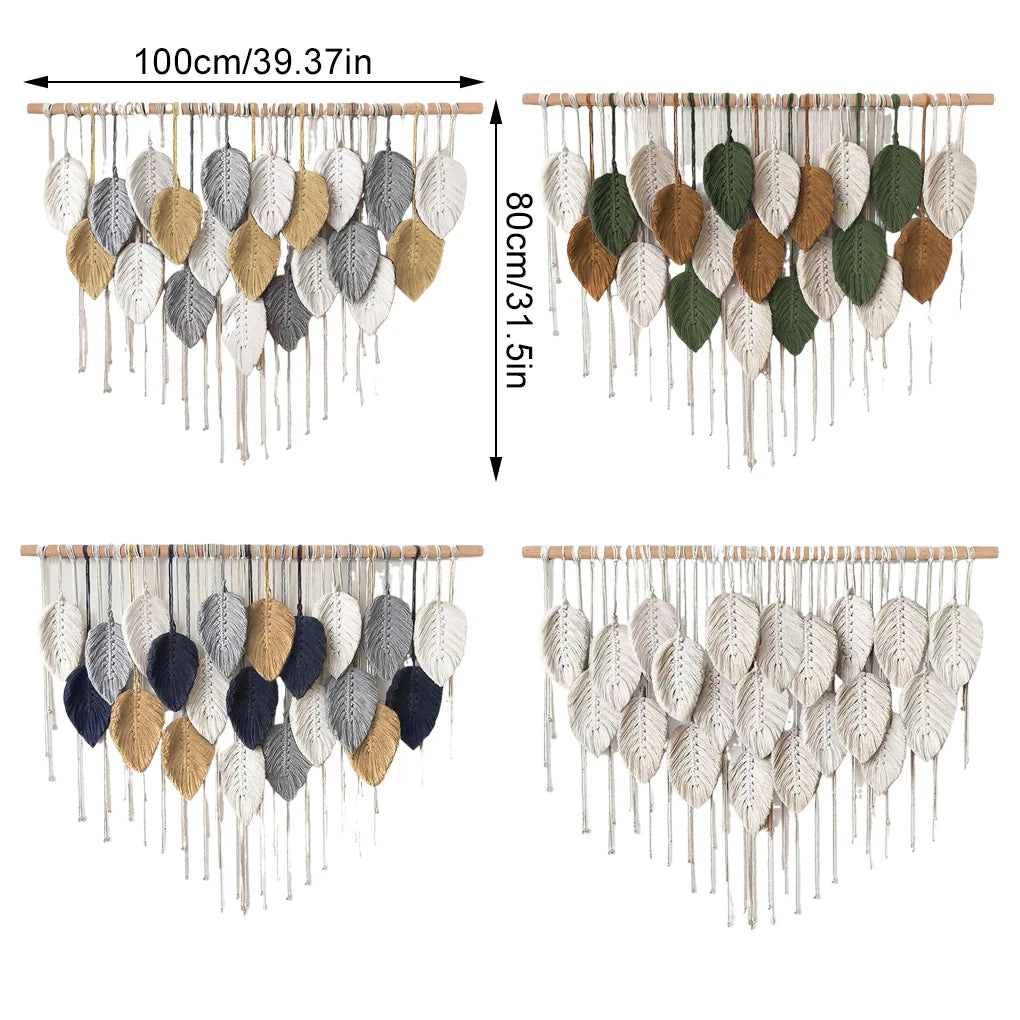 Tapiz tejido bohemio colgante de pared de macramé grande, decoración elegante para el hogar, decoraciones artísticas de pared de plumas de hojas hechas a mano bohemias modernas