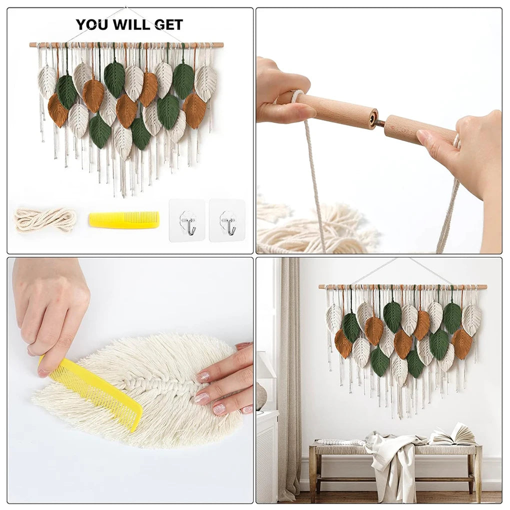 Tapiz tejido bohemio colgante de pared de macramé grande, decoración elegante para el hogar, decoraciones artísticas de pared de plumas de hojas hechas a mano bohemias modernas