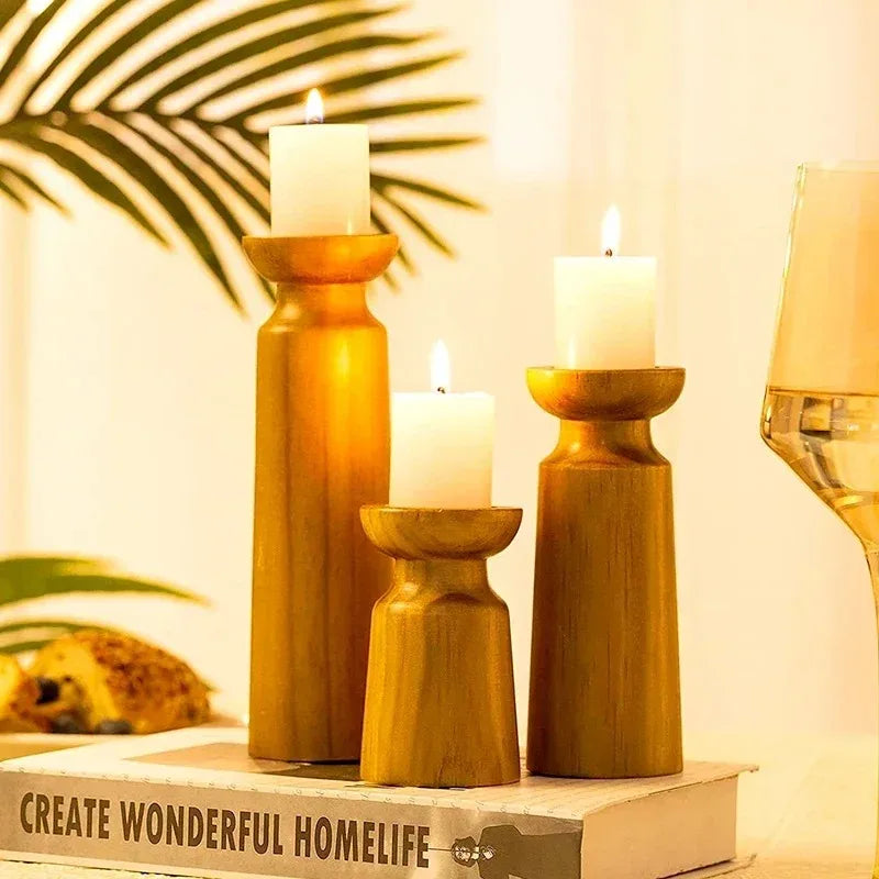 Portavelas de madera en tamaños grande, mediano y pequeño, portavelas clásico retro para bodas, decoración del hogar, decoración para fiestas.
