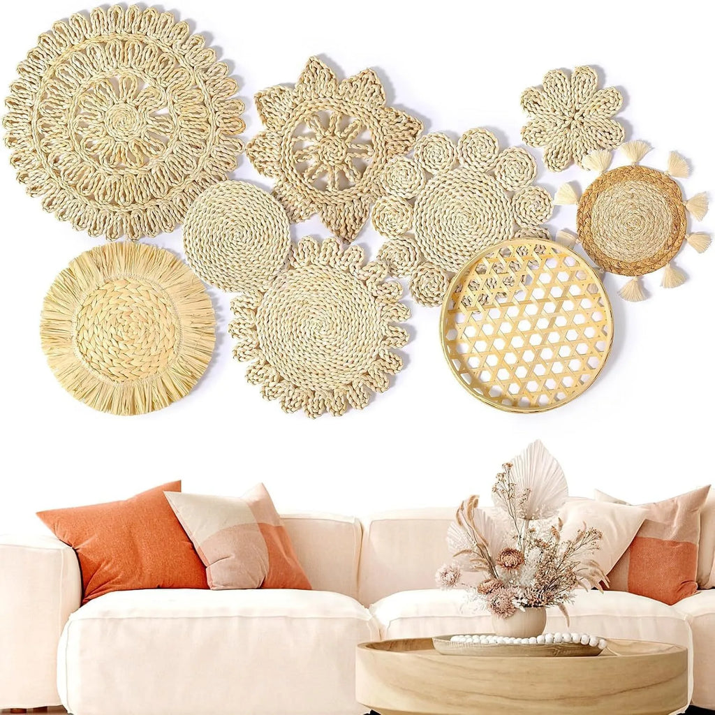 Decoración de Pared Boho de Paja, Arte de Pared Tejido con Borlas para Sala de Estar, Dormitorio, Decoración Bohemia Estética para el Hogar