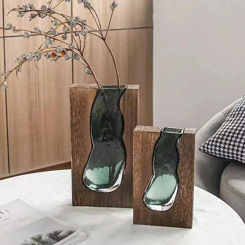 Florero de cristal transparente de madera maciza para decoración del hogar, florero de cristal, centro de mesa moderno para decoración de sala de estar/ vestíbulo de Hotel