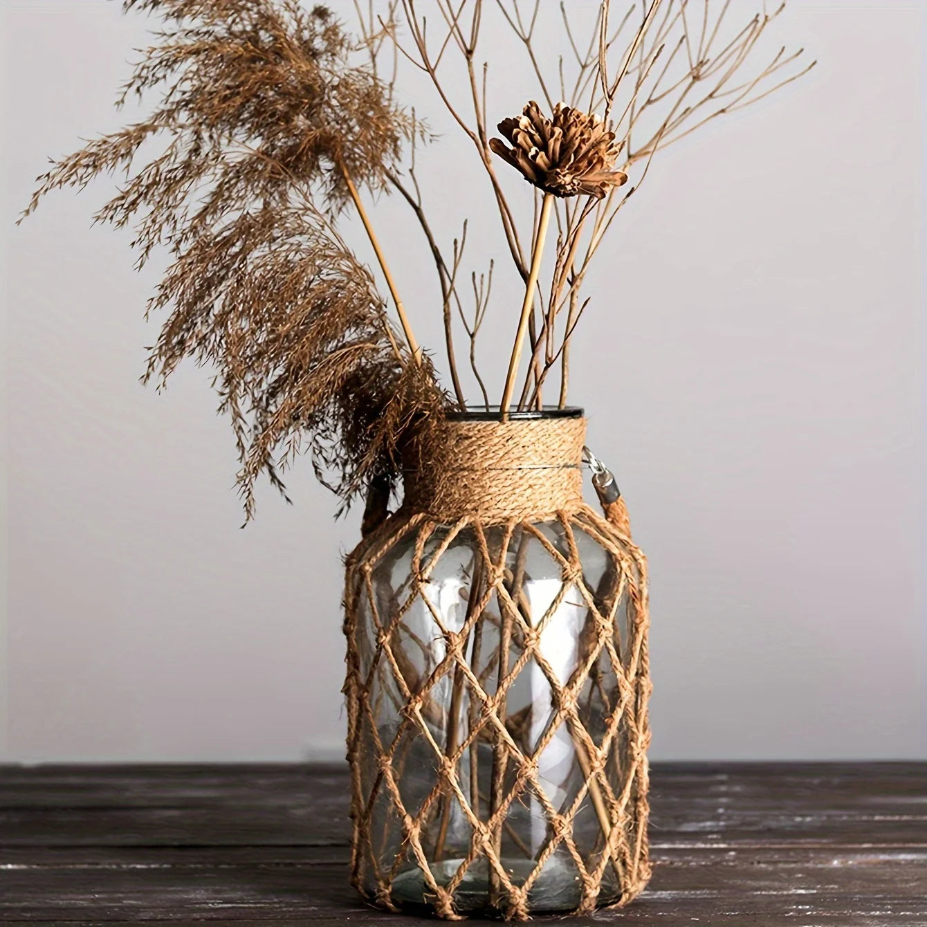 Florero de cristal transparente con bolsillo de malla tejida a mano, creativo, Vintage, bohemio, florero hidropónico Floral portátil, adorno decorativo, 1 unidad