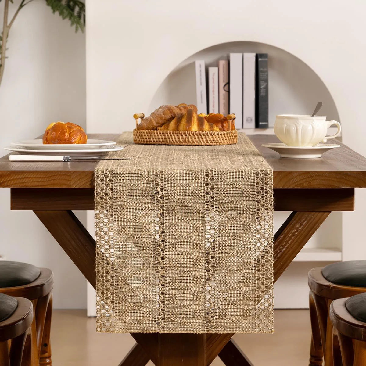Camino de Mesa de Bambú Rústico para Decoración de Comedor y Cocina, Camino de Mesa Pequeño de Macramé Tejido para Cómoda, Decoración del Hogar