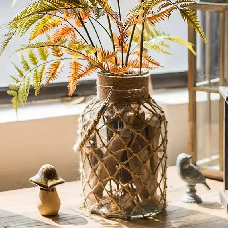 Florero de cristal transparente con bolsillo de malla tejida a mano, creativo, Vintage, bohemio, florero hidropónico Floral portátil, adorno decorativo, 1 unidad
