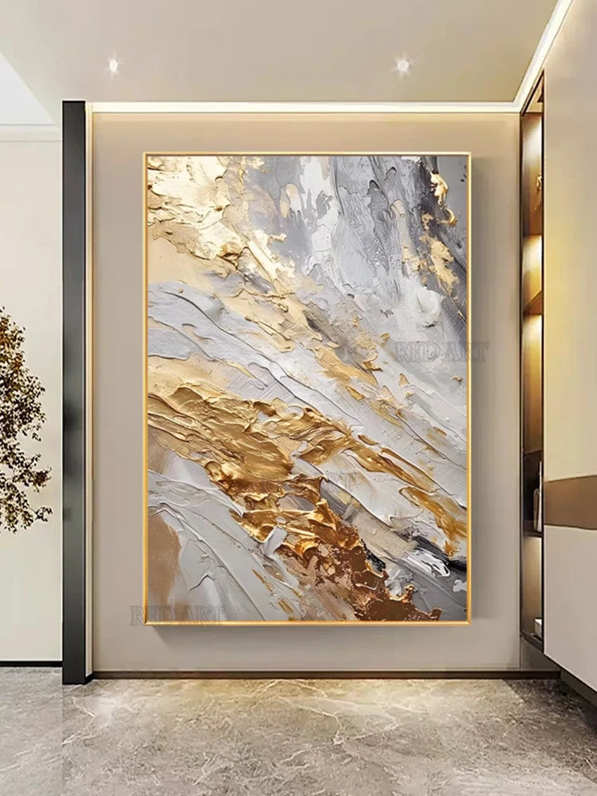 Imagen abstracta pintada a mano contemporánea de gran tamaño, pinturas al óleo de lámina dorada sobre lienzo, decoración del hogar para dormitorio sin marco