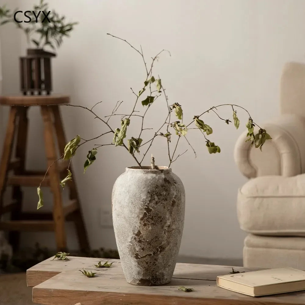 Nuevo tarro de cerámica china moteado retro: florero de cerámica hidropónico floral Wabi-Sabi, ideal para decoración de entrada/armario de TV y dormitorio