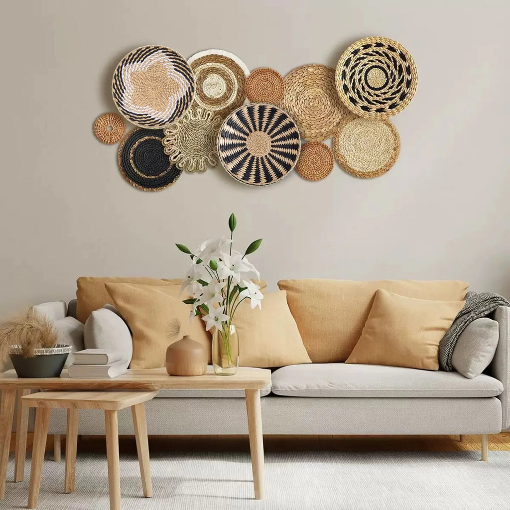 Decoración de Pared Boho de Paja, Arte de Pared Tejido con Borlas para Sala de Estar, Dormitorio, Decoración Bohemia Estética para el Hogar