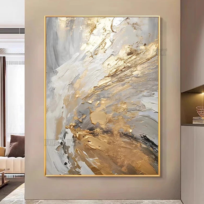 Imagen abstracta pintada a mano contemporánea de gran tamaño, pinturas al óleo de lámina dorada sobre lienzo, decoración del hogar para dormitorio sin marco