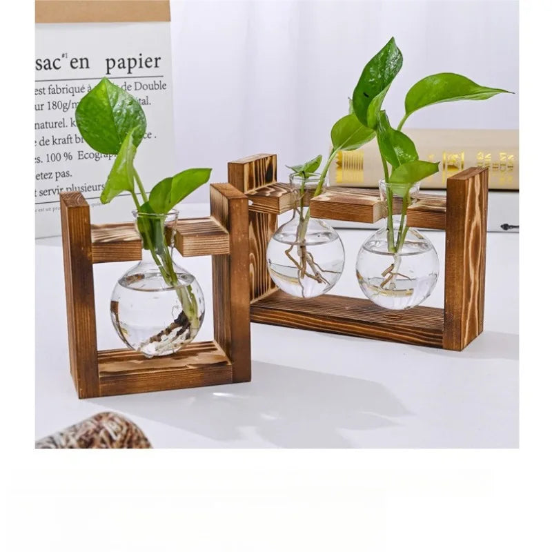 Macetero de Vidrio para Mesa, Estación de Propagación Hidropónica, Florero con Bandeja de Madera, Contenedor para Plantas, Decoración para Hogar y Oficina