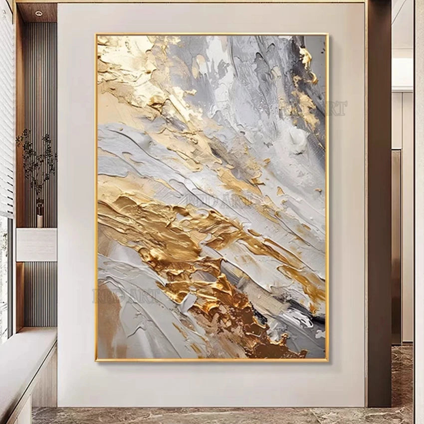 Imagen abstracta pintada a mano contemporánea de gran tamaño, pinturas al óleo de lámina dorada sobre lienzo, decoración del hogar para dormitorio sin marco