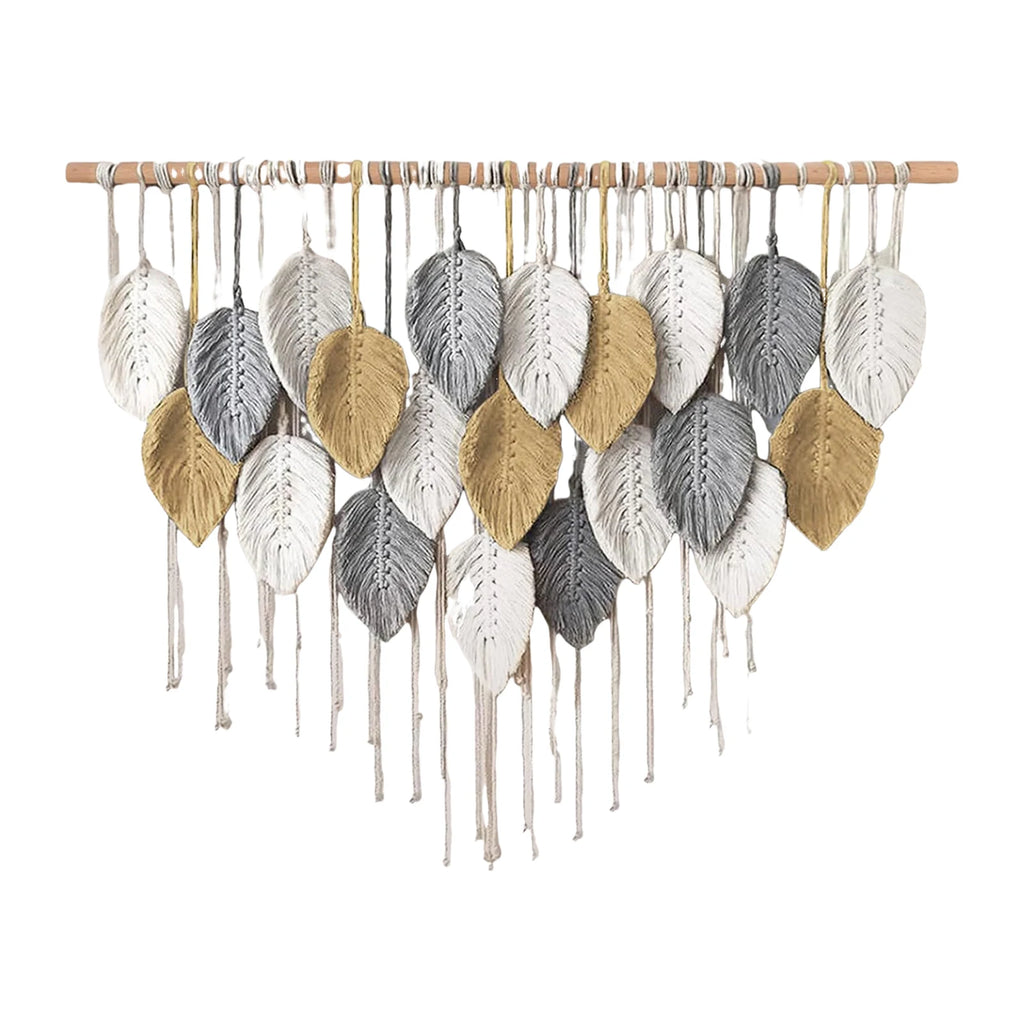 Tapiz tejido bohemio colgante de pared de macramé grande, decoración elegante para el hogar, decoraciones artísticas de pared de plumas de hojas hechas a mano bohemias modernas