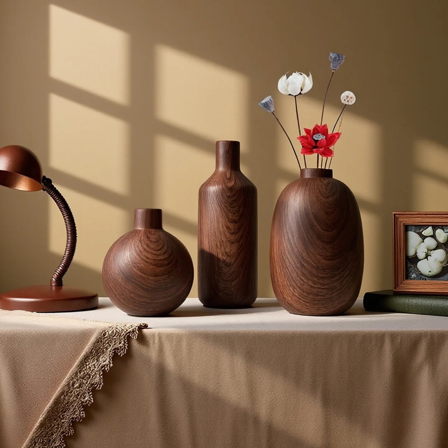 Jarrón de Cerámica con Diseño de Madera, Color Café, Pequeño, para Arreglos Florales, Decoración del Hogar