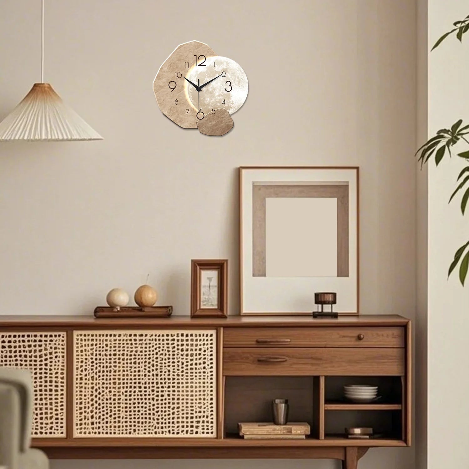 Reloj de pared silencioso y moderno, diseño de luna, movimiento de cuarzo, material de madera, para decoración de dormitorio, sala de estar o oficina