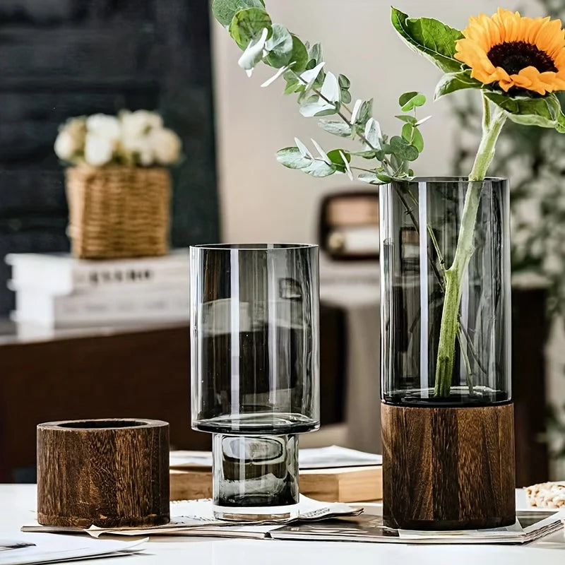 Elegante florero de cristal con base de madera para plantas hidropónicas, arreglo floral de mesa moderno, decoración del hogar