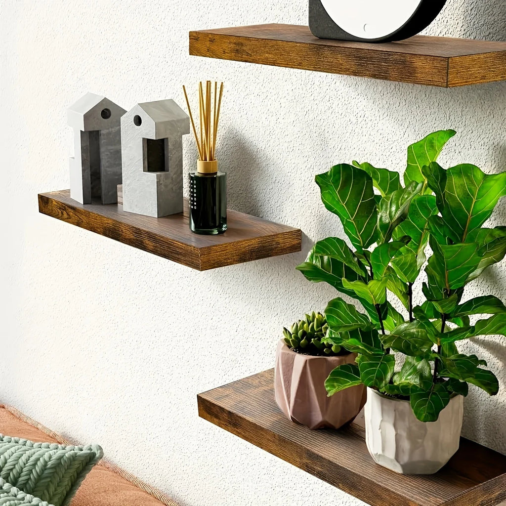 Estante clásico de diseño de tira horizontal montado en la pared de madera maciza que ahorra espacio para almacenamiento y exhibición en la sala de estar y el dormitorio