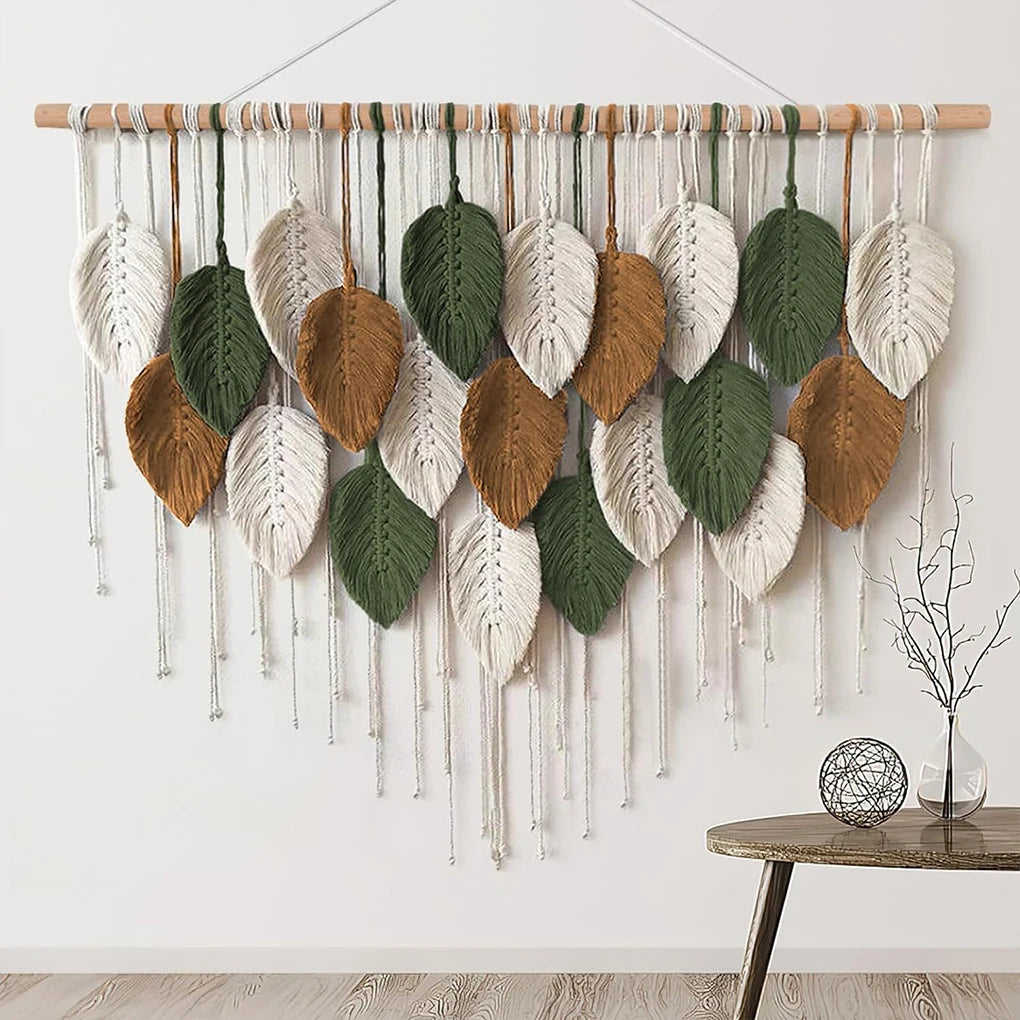 Tapiz tejido bohemio colgante de pared de macramé grande, decoración elegante para el hogar, decoraciones artísticas de pared de plumas de hojas hechas a mano bohemias modernas
