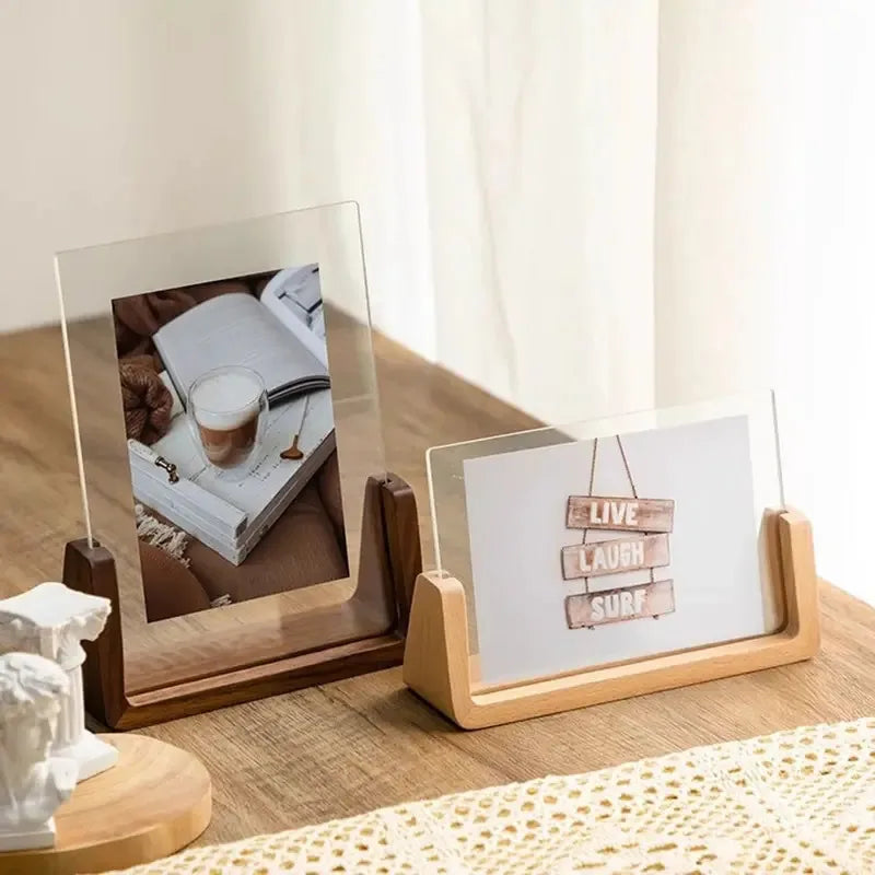 Marco de fotos creativo de nogal/haya, marco transparente acrílico en forma de U, marco de fotos de boda de madera para escritorio, decoración de oficina