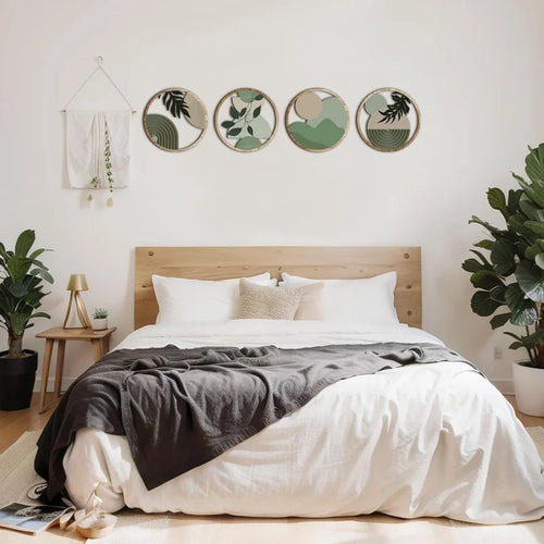 4 Juego de arte de pared bohemio: decoración bohemia de madera, obra de arte colgante geométrica, adecuado para la habitación del bebé, minimalista estético de granja