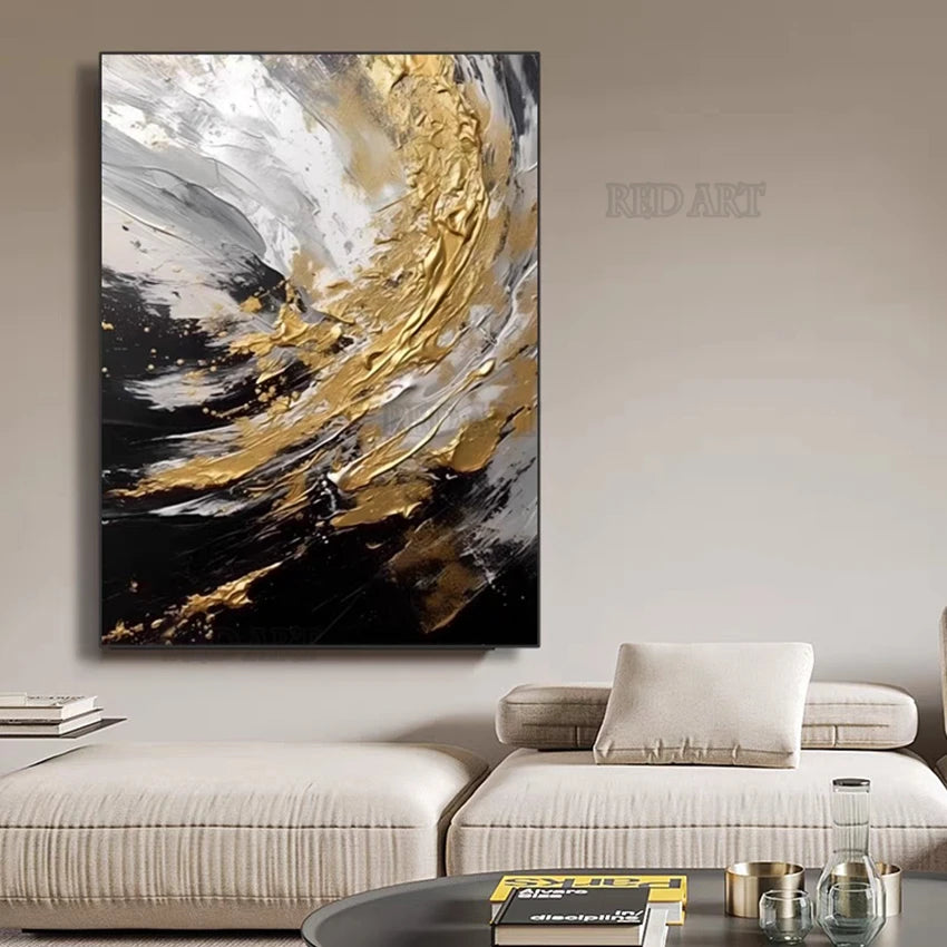 Imagen abstracta pintada a mano contemporánea de gran tamaño, pinturas al óleo de lámina dorada sobre lienzo, decoración del hogar para dormitorio sin marco