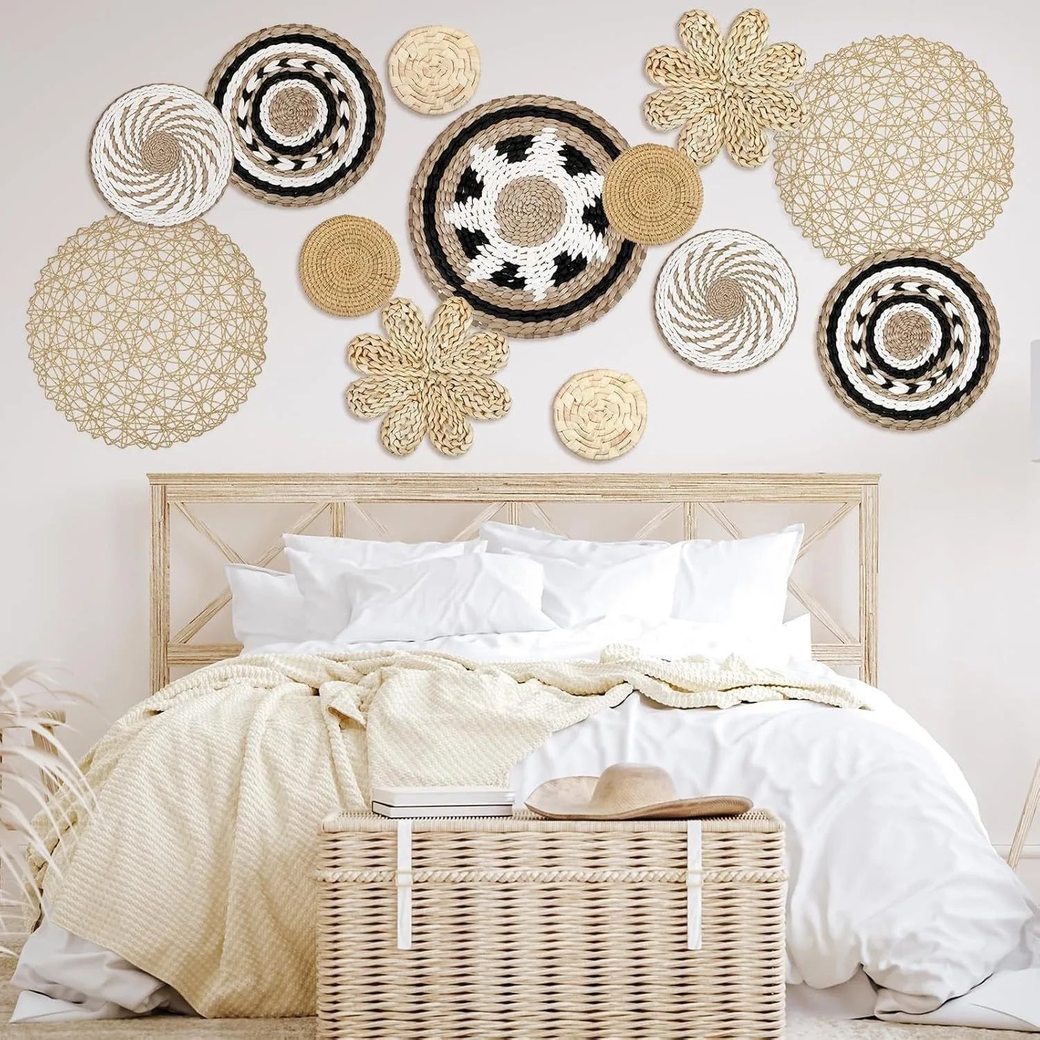 Decoración de Pared Boho de Paja, Arte de Pared Tejido con Borlas para Sala de Estar, Dormitorio, Decoración Bohemia Estética para el Hogar