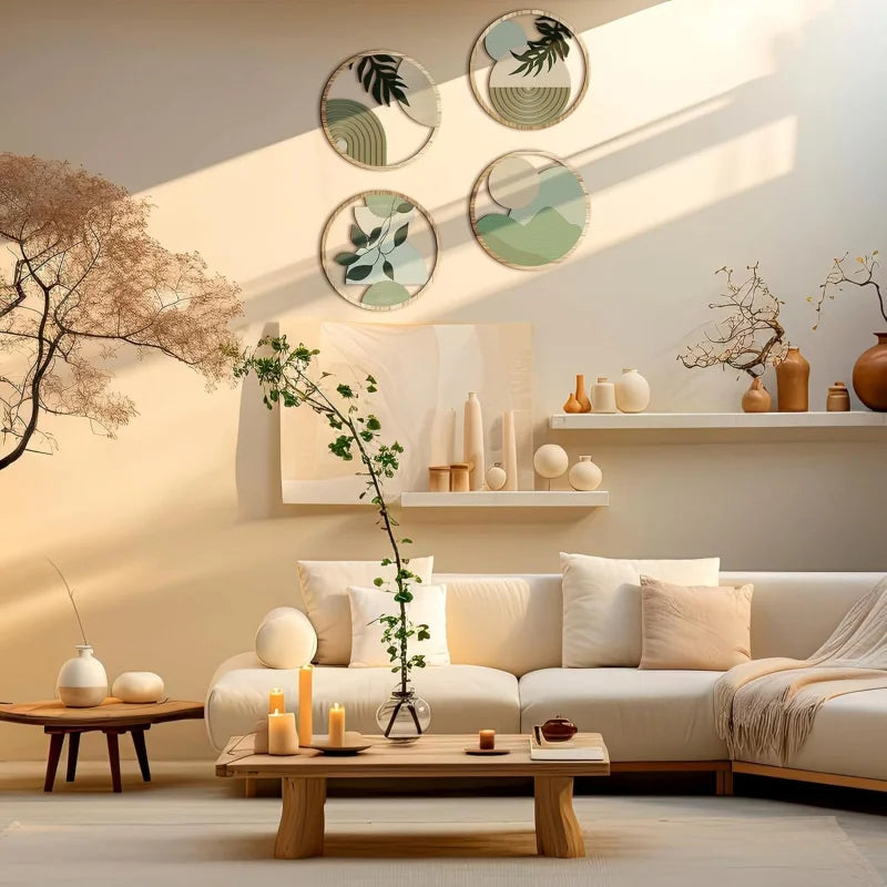 4 Juego de arte de pared bohemio: decoración bohemia de madera, obra de arte colgante geométrica, adecuado para la habitación del bebé, minimalista estético de granja