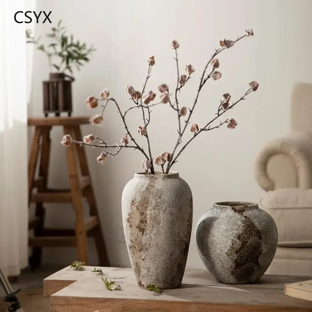 Nuevo tarro de cerámica china moteado retro: florero de cerámica hidropónico floral Wabi-Sabi, ideal para decoración de entrada/armario de TV y dormitorio