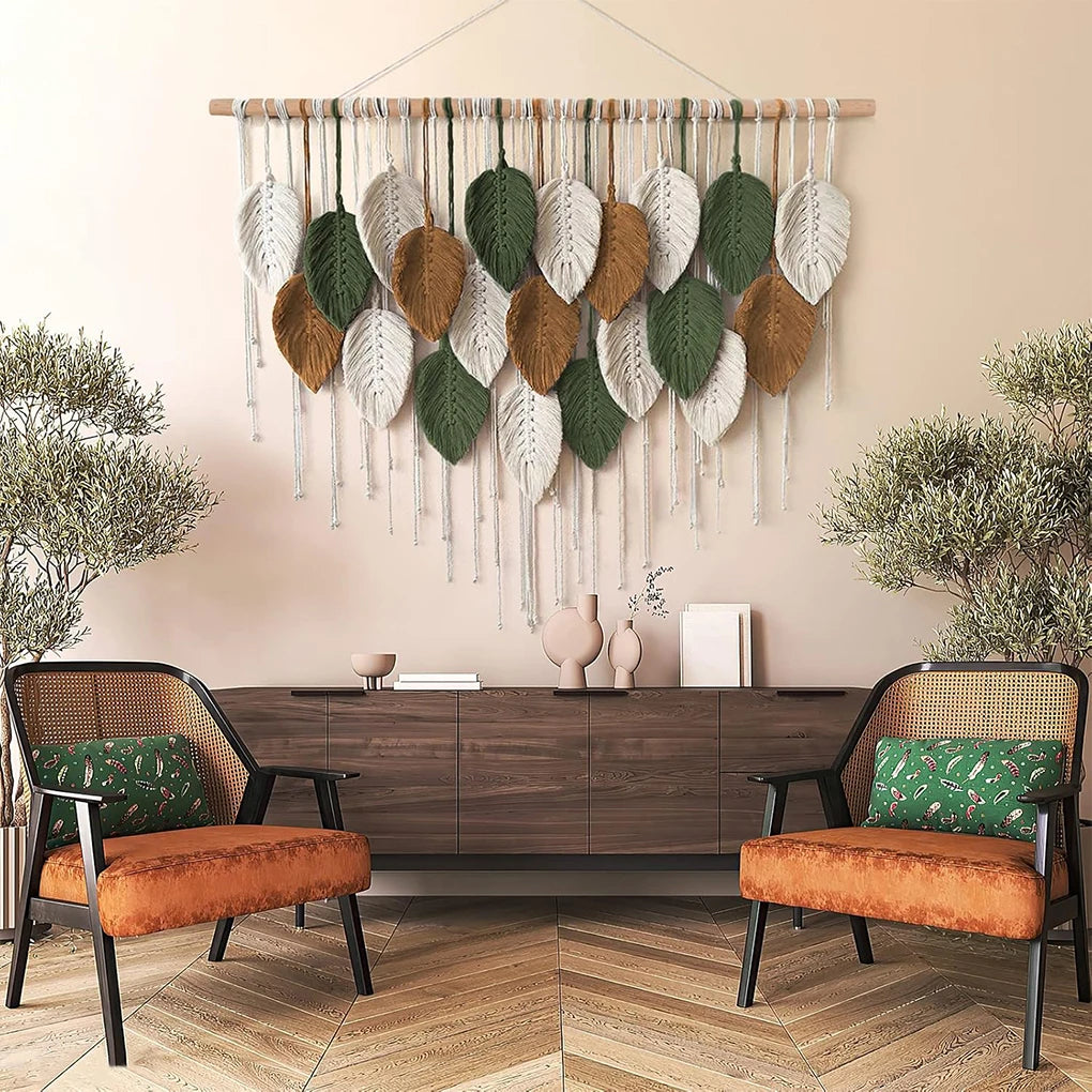 Tapiz tejido bohemio colgante de pared de macramé grande, decoración elegante para el hogar, decoraciones artísticas de pared de plumas de hojas hechas a mano bohemias modernas