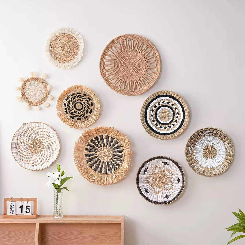 Decoración de Pared Boho de Paja, Arte de Pared Tejido con Borlas para Sala de Estar, Dormitorio, Decoración Bohemia Estética para el Hogar