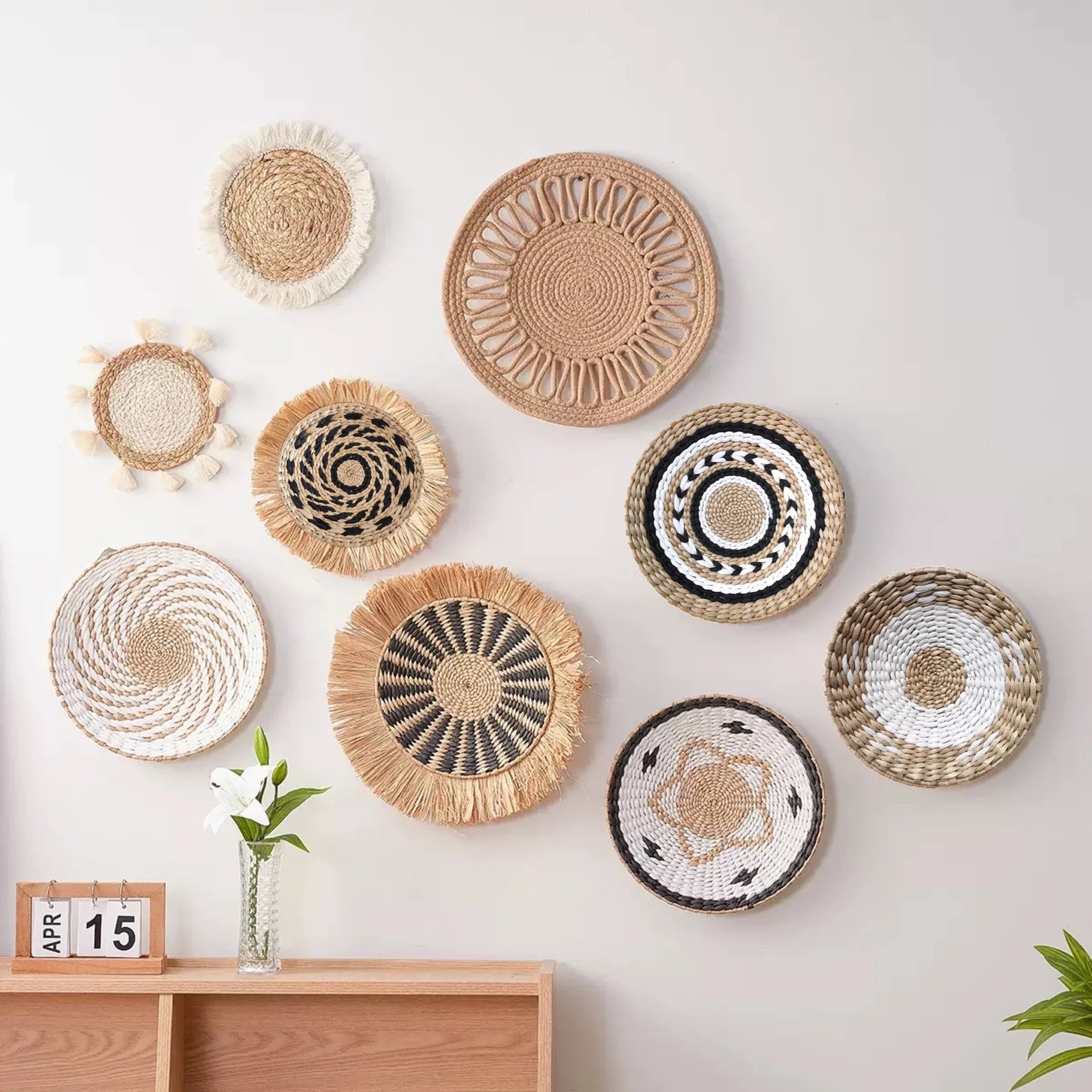Decoración de Pared Boho de Paja, Arte de Pared Tejido con Borlas para Sala de Estar, Dormitorio, Decoración Bohemia Estética para el Hogar