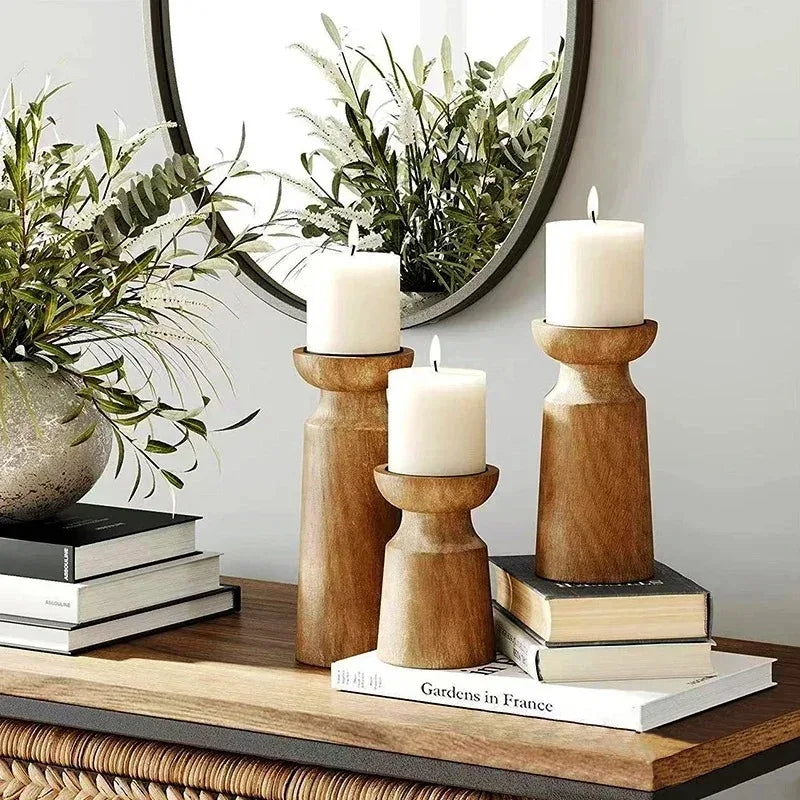 Portavelas de madera en tamaños grande, mediano y pequeño, portavelas clásico retro para bodas, decoración del hogar, decoración para fiestas.