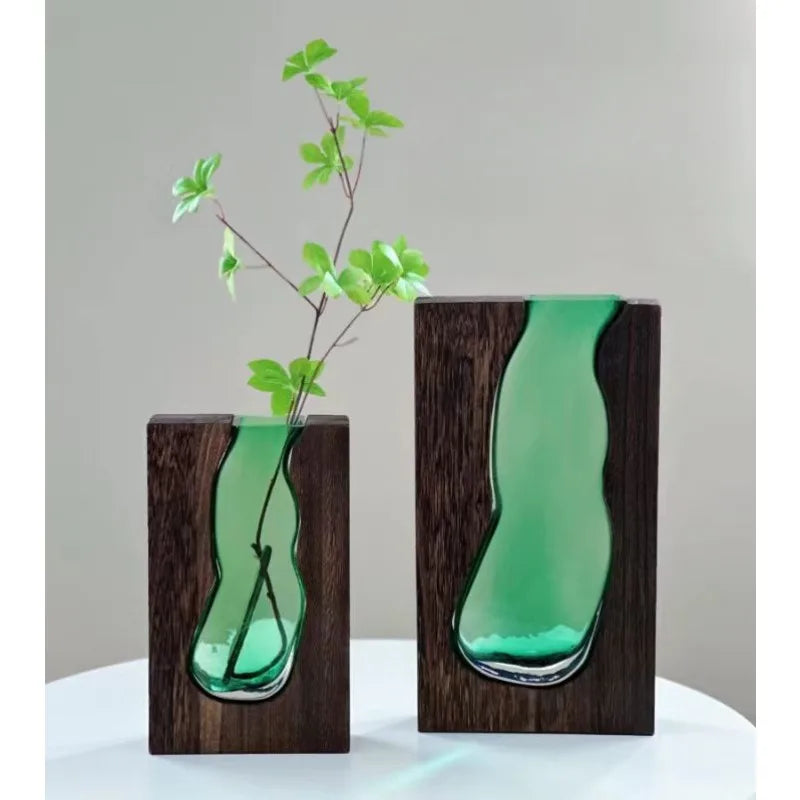 Florero de cristal transparente de madera maciza para decoración del hogar, florero de cristal, centro de mesa moderno para decoración de sala de estar/ vestíbulo de Hotel