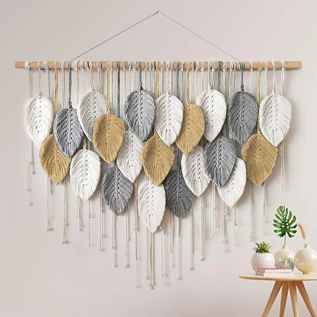 Tapiz tejido bohemio colgante de pared de macramé grande, decoración elegante para el hogar, decoraciones artísticas de pared de plumas de hojas hechas a mano bohemias modernas