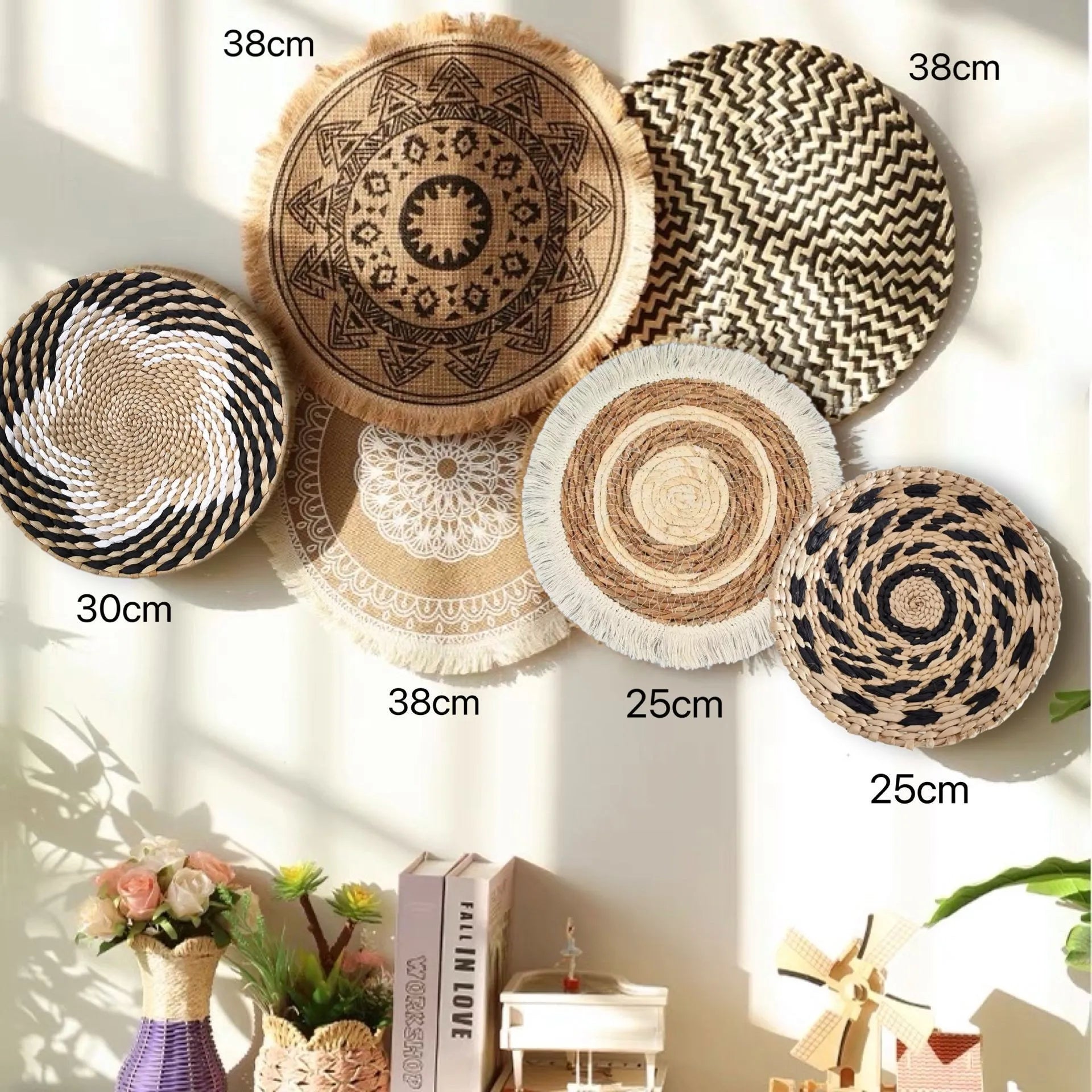 Decoración de Pared Boho de Paja, Arte de Pared Tejido con Borlas para Sala de Estar, Dormitorio, Decoración Bohemia Estética para el Hogar