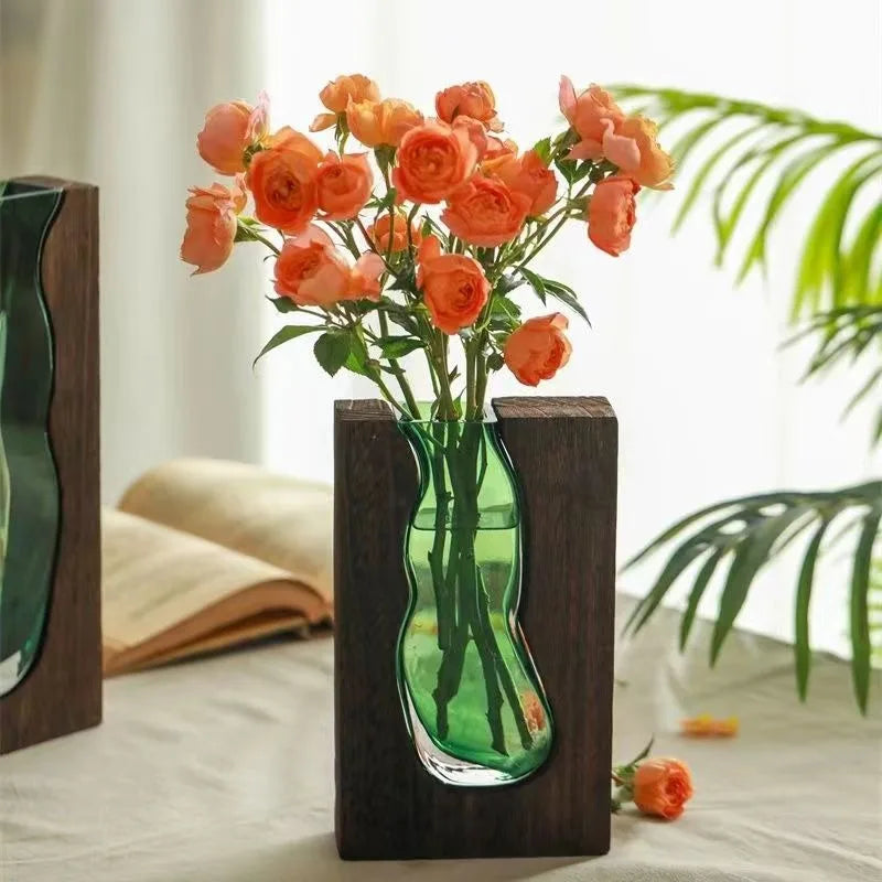 Florero de cristal transparente de madera maciza para decoración del hogar, florero de cristal, centro de mesa moderno para decoración de sala de estar/ vestíbulo de Hotel
