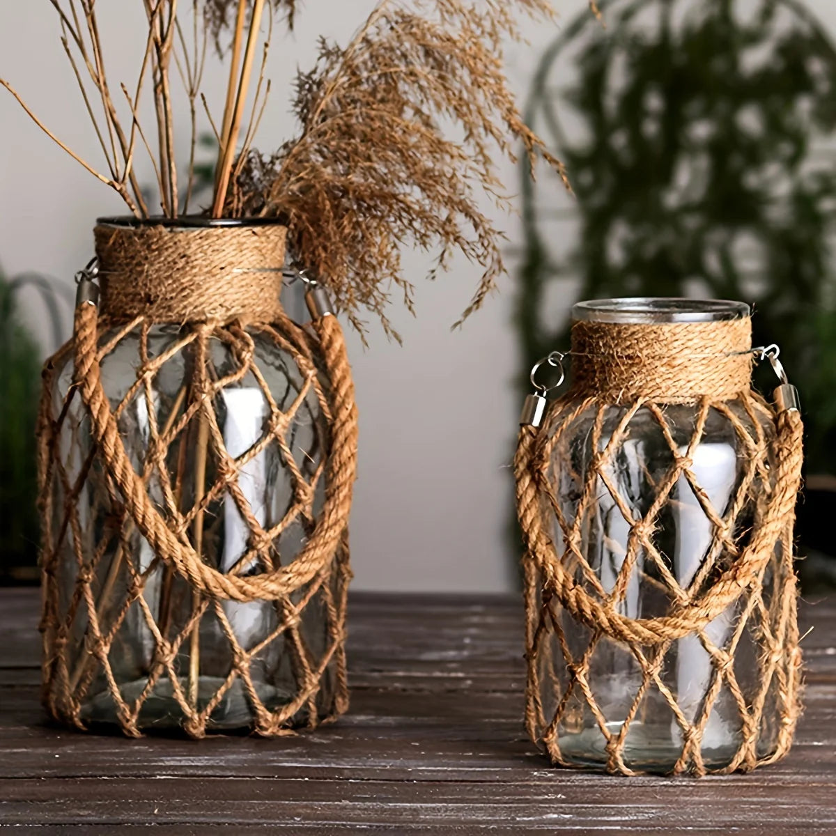 Florero de cristal transparente con bolsillo de malla tejida a mano, creativo, Vintage, bohemio, florero hidropónico Floral portátil, adorno decorativo, 1 unidad