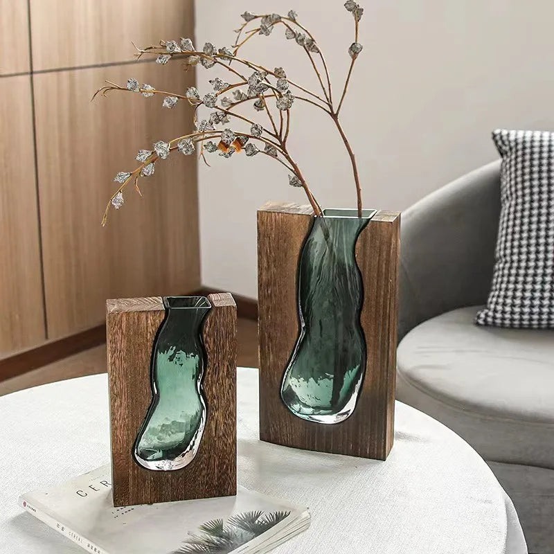 Florero de cristal transparente de madera maciza para decoración del hogar, florero de cristal, centro de mesa moderno para decoración de sala de estar/ vestíbulo de Hotel