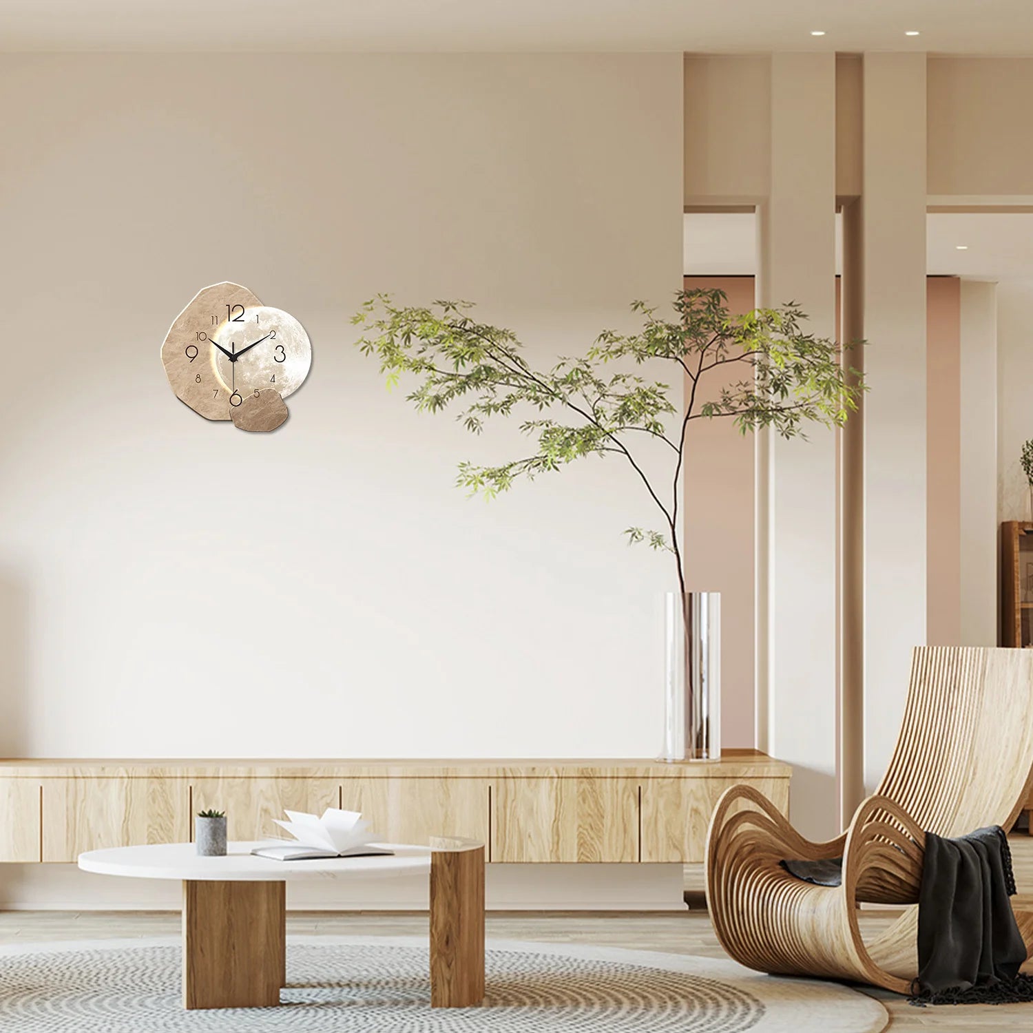 Reloj de pared silencioso y moderno, diseño de luna, movimiento de cuarzo, material de madera, para decoración de dormitorio, sala de estar o oficina