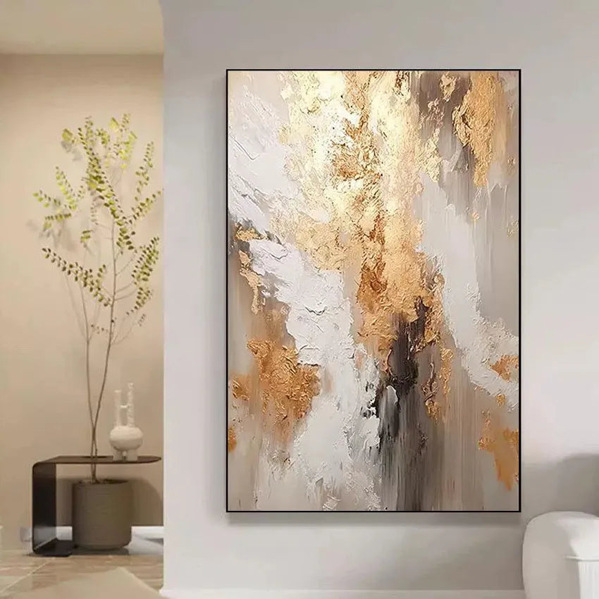 Imagen abstracta pintada a mano contemporánea de gran tamaño, pinturas al óleo de lámina dorada sobre lienzo, decoración del hogar para dormitorio sin marco